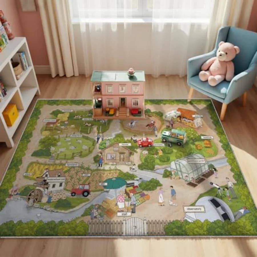 Tappeto da gioco Farm Adventure, tappeto in finta lana antiscivolo 5x7 piedi in verde e marrone con parole interattive in inglese e elementi educativi.
