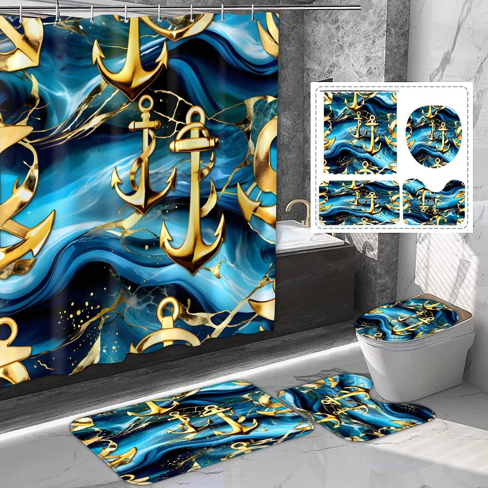 1 set di tende da doccia stampate con ancora per barca in marmo blu dorato con ganci, tappetini da bagno, forniture per il bagno