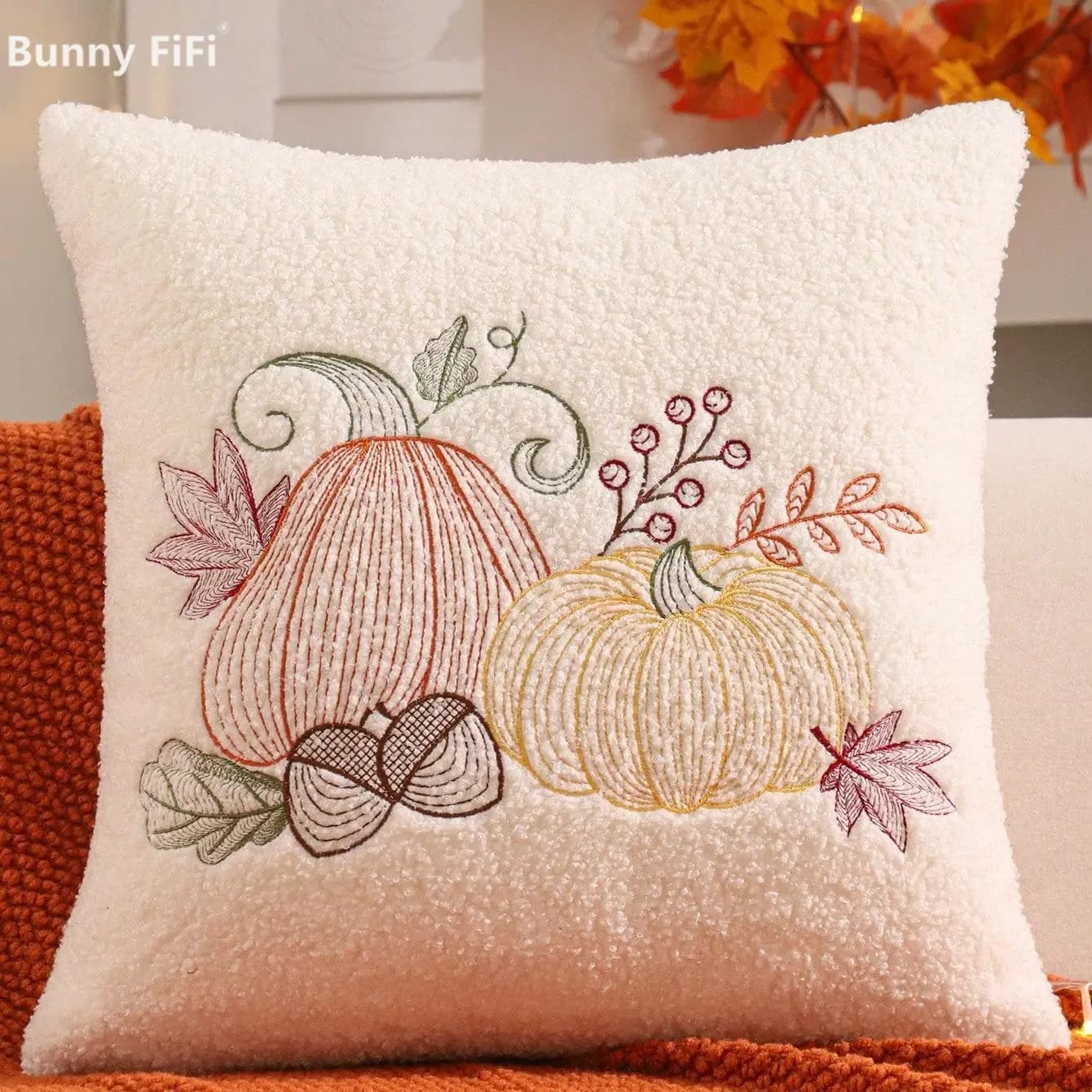 Fodere per cuscini con ricamo di zucche bianche con paillettes per il Ringraziamento, federe decorative in peluche per feste di Halloween, per divano e letto