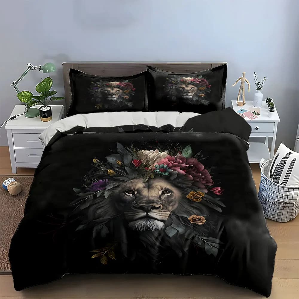 Set di biancheria da letto con stampa artistica floreale con leone, morbido e confortevole, include 1 copripiumino e 2 federe, regalo