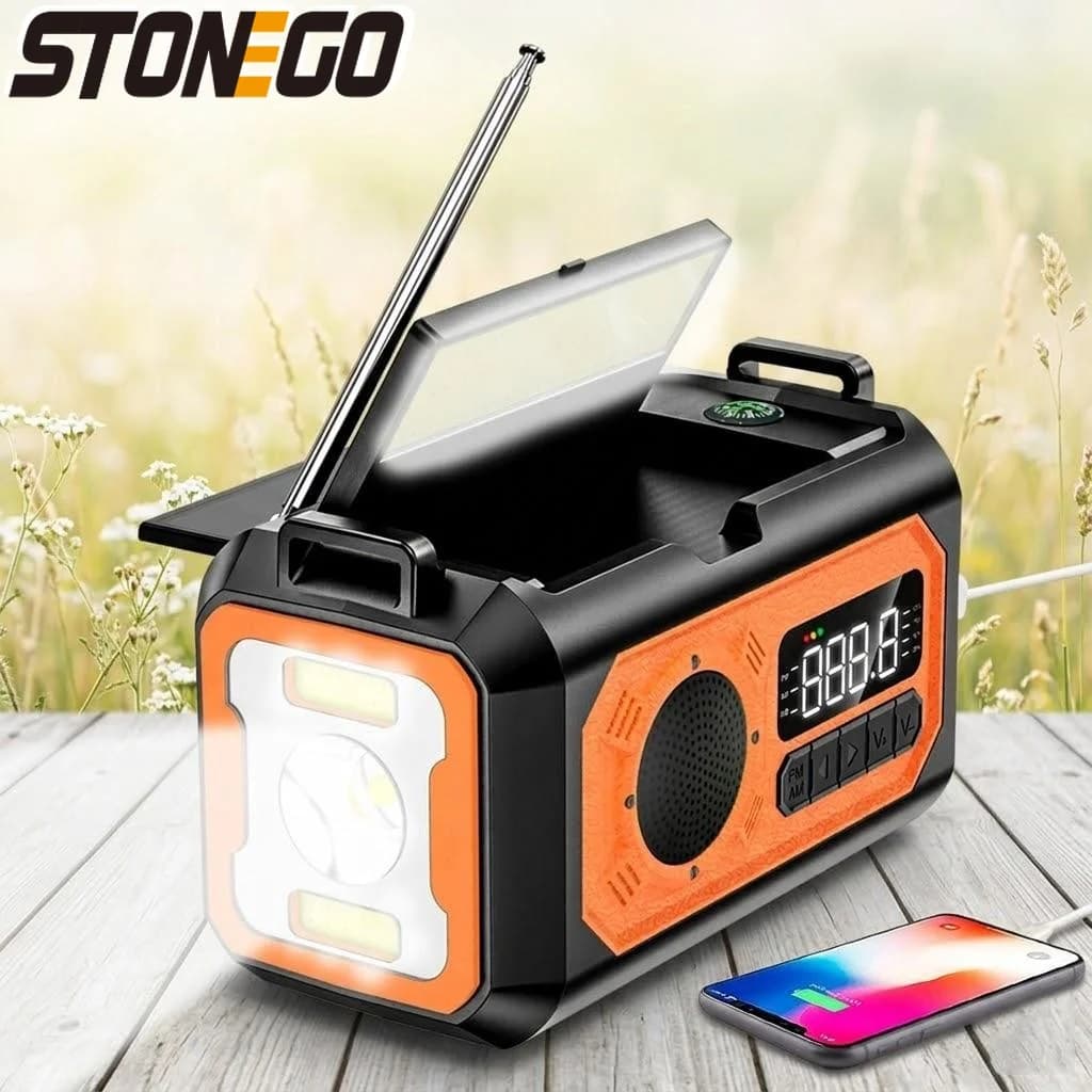 Radio di Emergenza Portatile AM FM NOAA 12000mAh con Manovella Solare, Lampada da Lettura per Campeggio e Doppio Pannello Solare