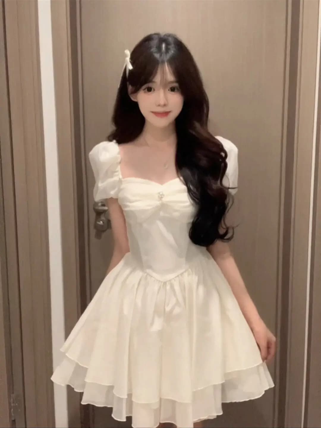 Abito Bianco Estivo da Donna Stile Principessa con Maniche Corte a Sbuffo, Gonna a Vita Alta Traspirante a Trapezio, Gonna da Fata