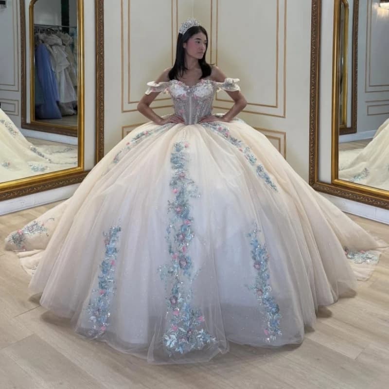 Abiti Quinceanera lucidi champagne chiaro con spalle scoperte Applique con paillettes Fiore che borda Corsetto in tulle Festa di compleanno Dolce 16
