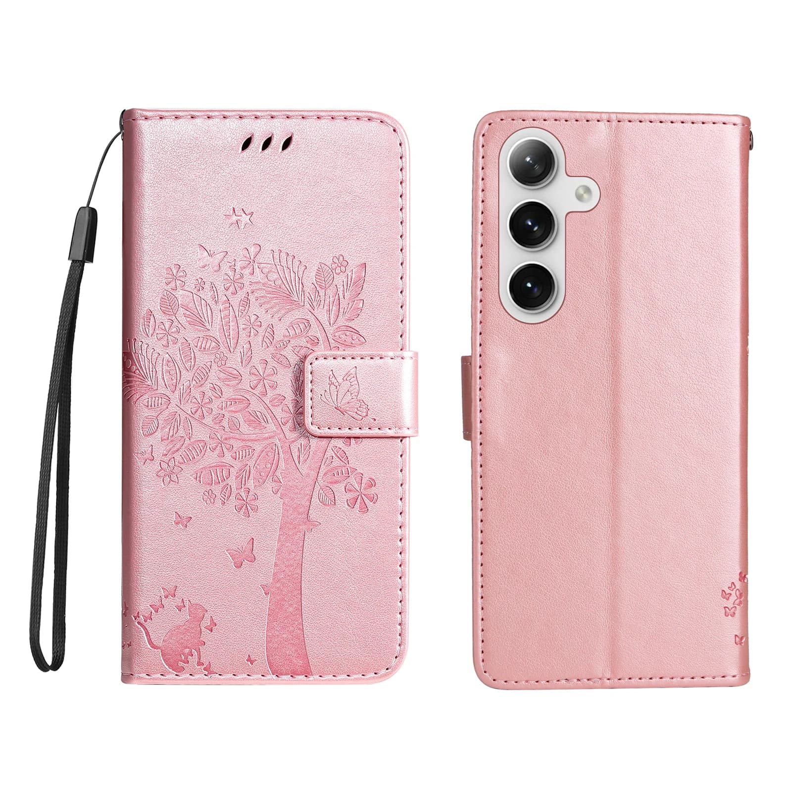 Per Samsung Galaxy S25 / Galaxy S24 Custodia per cellulare con supporto Portafoglio in pelle con motivo albero di gatto - Oro rosa
