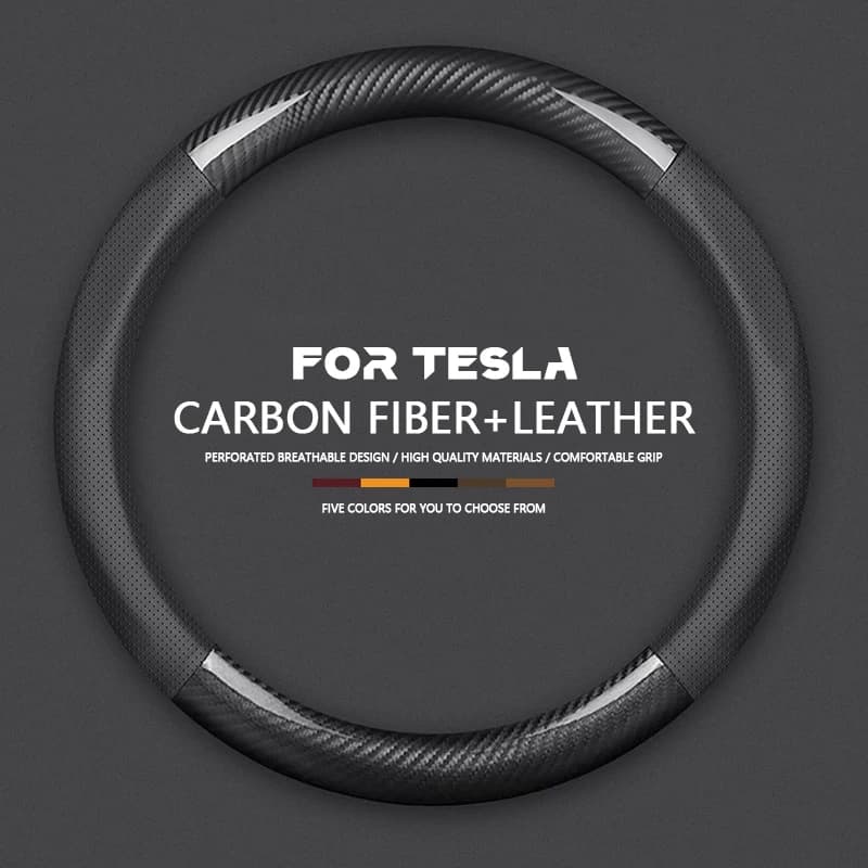 Adatto per Tesla Model 3 Model X Model S Model Y Coprivolante in pelle per auto in fibra di carbonio Accessori decorativi per interni auto