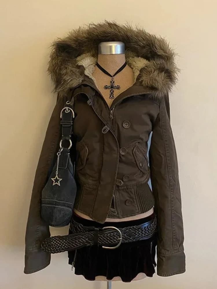 2026 Primavera Retro Cappotti di Pelliccia Sintetica Delle Donne 2000s Americano Vintage Giubbotti Harajuku Gotihc Punk Abbigliamento Jean Parka Capispalla Femminile