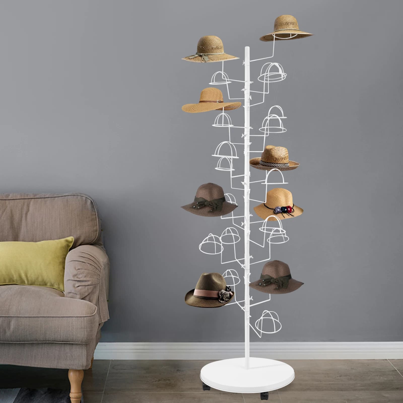 Espositore Girevole per Cappelli in Acciaio al Carbonio Bianco, 180cm, 25 Ganci, Porta Cappelli Multi-Gancio Movibile