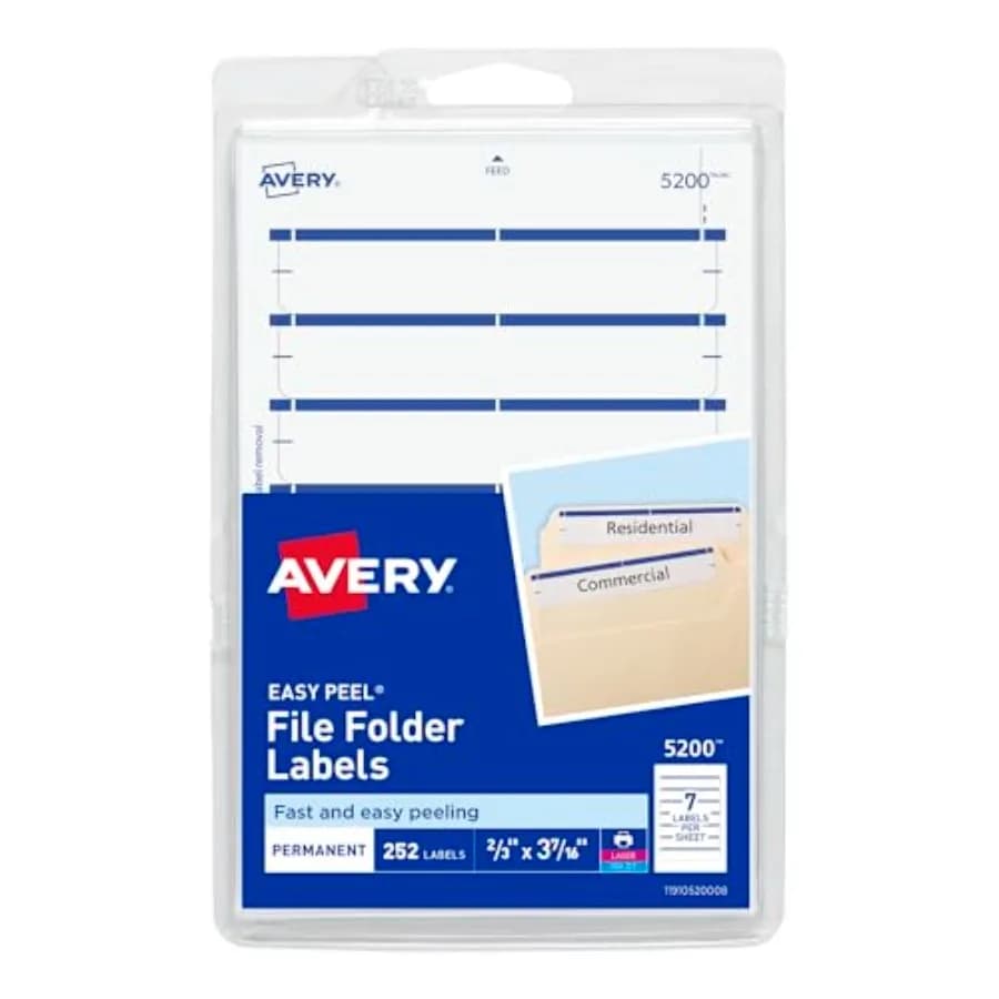 File Folder Labels on 4" x 6" Sheet, Easy Peel, White/Blue, Print and Handwrite, 2/3" x 3-7/16", 252 Labels 5200