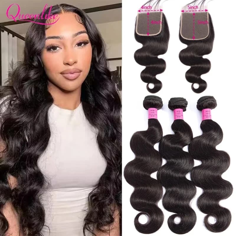 Queenlike 26 28 30 fasci di onde del corpo da 32 pollici capelli umani al 100% con chiusura in pizzo 4x4/5x5 fasci di capelli grezzi brasiliani per le donne
