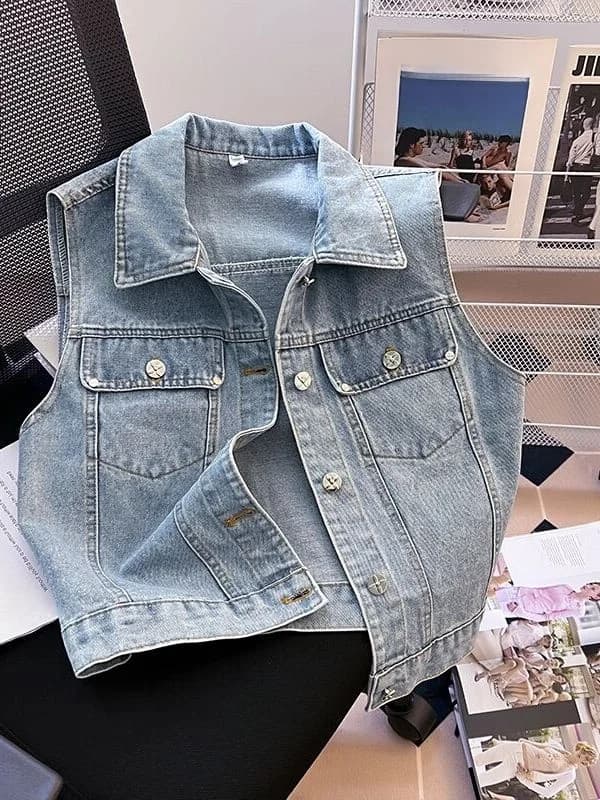 Giacca Corta in Denim Pesante da Donna, Abbigliamento Esterno alla Moda, Stile Coreano, Materiale in Seta, Senza Maniche, con Colletto