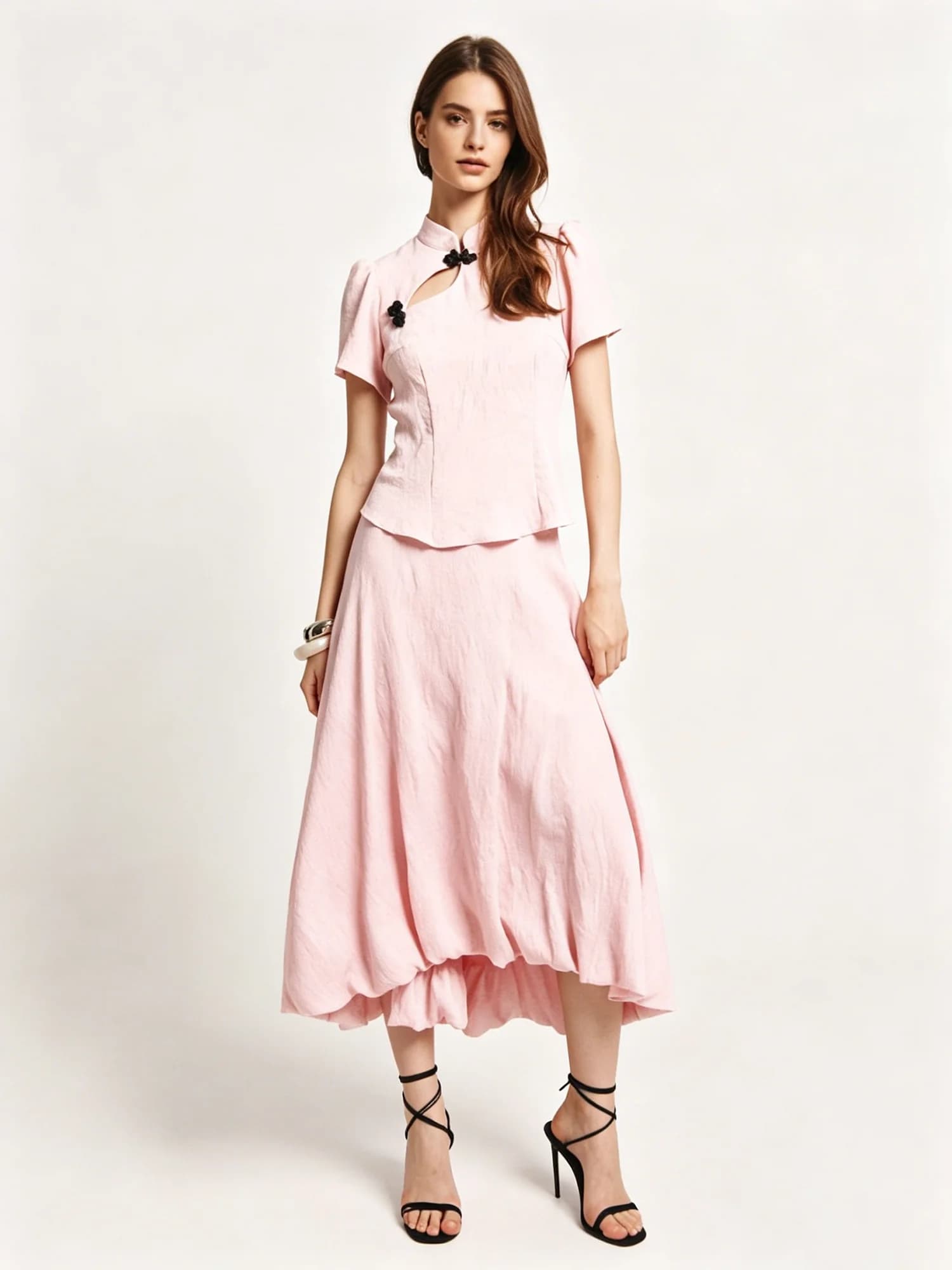 LIMO Pink Cheongsam Collar 2 Piece Outfit Hollow Neck Blouse Flowy Midi Skirt Women Suit