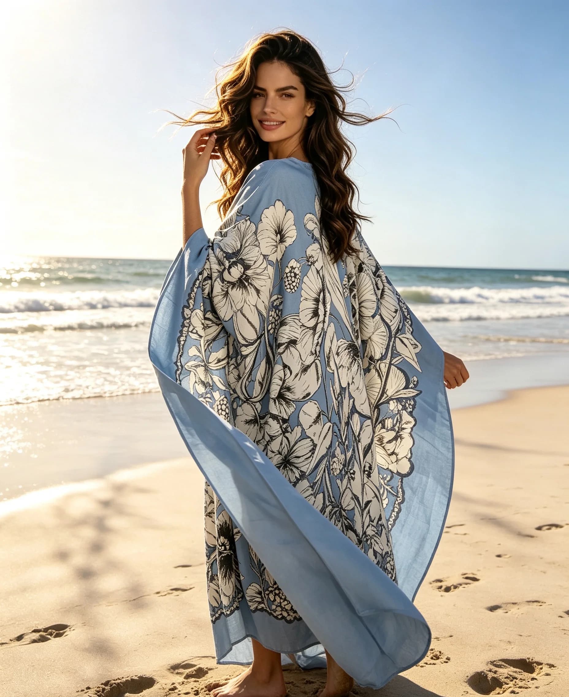 Summer Elegant Lady Loose Twill Silk Loose Kafan Dress Oversize New Floral Boho Printed Abaya Muslim Vacation Boho Beach Robe