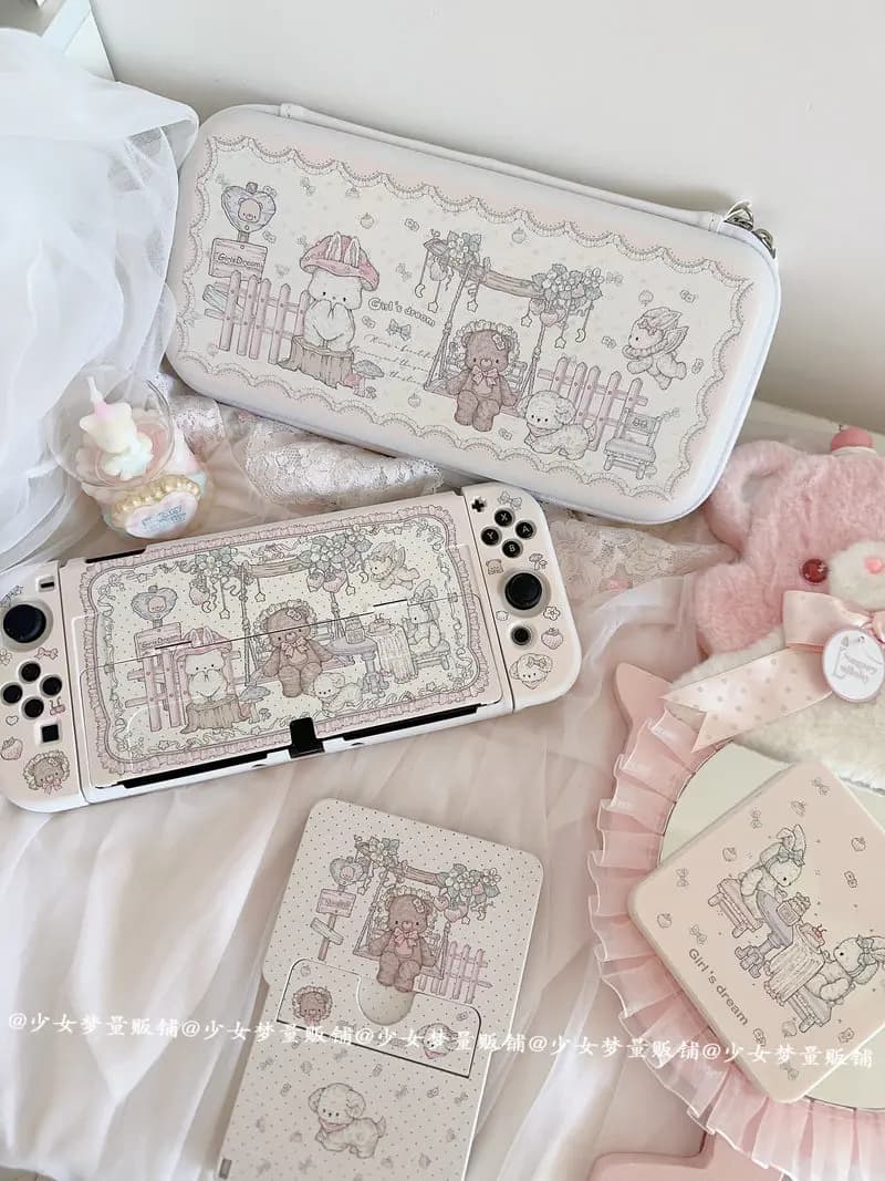 Girls Dream Switch Protective Case Split Type For Switch Oled Ns Hard Soft Shell Cute Bear Tea Party Print Game Console Cover