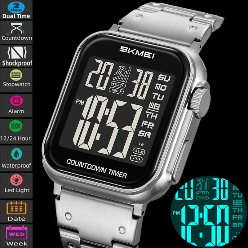 Skmei Dual Time Zone Digital Watches for Mens LED Waterproof Chronograph Luxury Stainless Steel Band Military Sports Alarm Clock