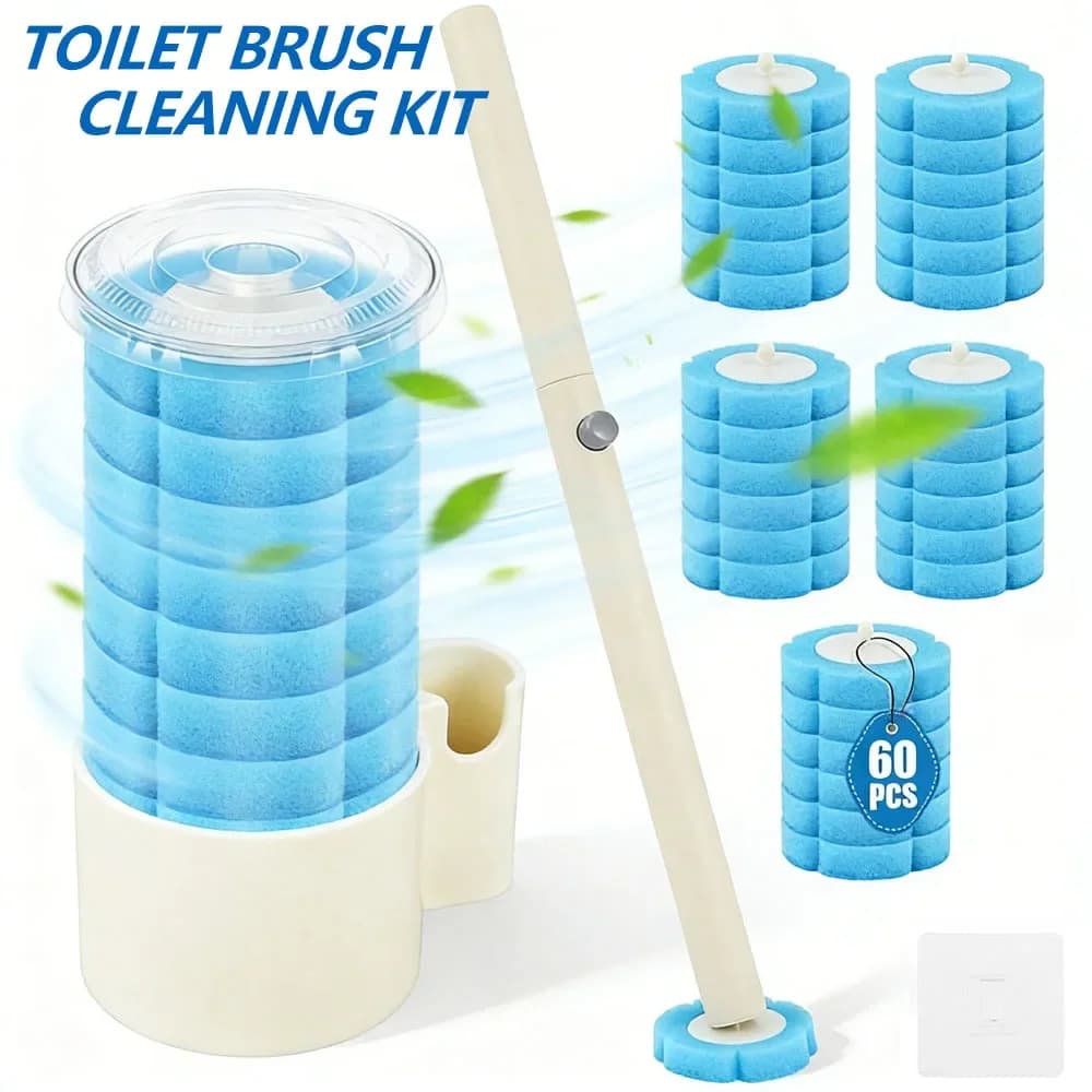 Nuovo Kit di Pulizia per WC con Spazzola Monouso e Testine di Ricambio, Set da Parete con 60 Testine, Strumento per la Pulizia del Bagno