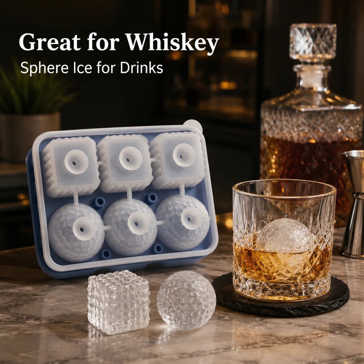 Silicone Whiskey Ice Cube Tray Ice Ball Maker Mold Sphere and Square Ice Mold with Funnel Easy Release for Cocktails Drinks