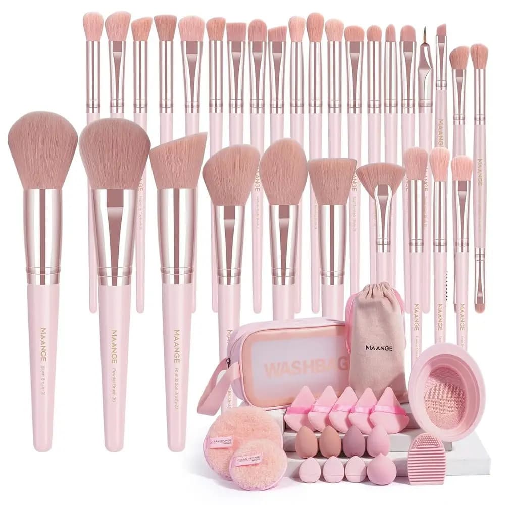 Set di 49 Pennelli da Trucco Sintetici Premium per Fondotinta, Cipria, Correttore, Occhi e Blush - Rosa