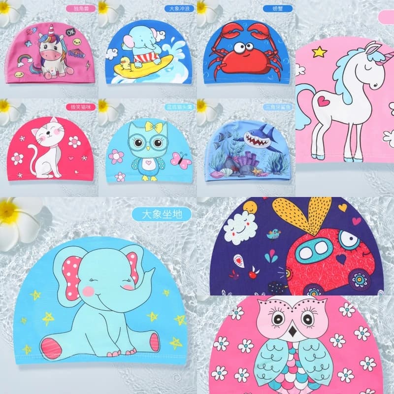 Kids swim cap with cartoon animal print, waterproof, comfortable ear protection, dinosaur, dolphin, owl, elephant, cute print