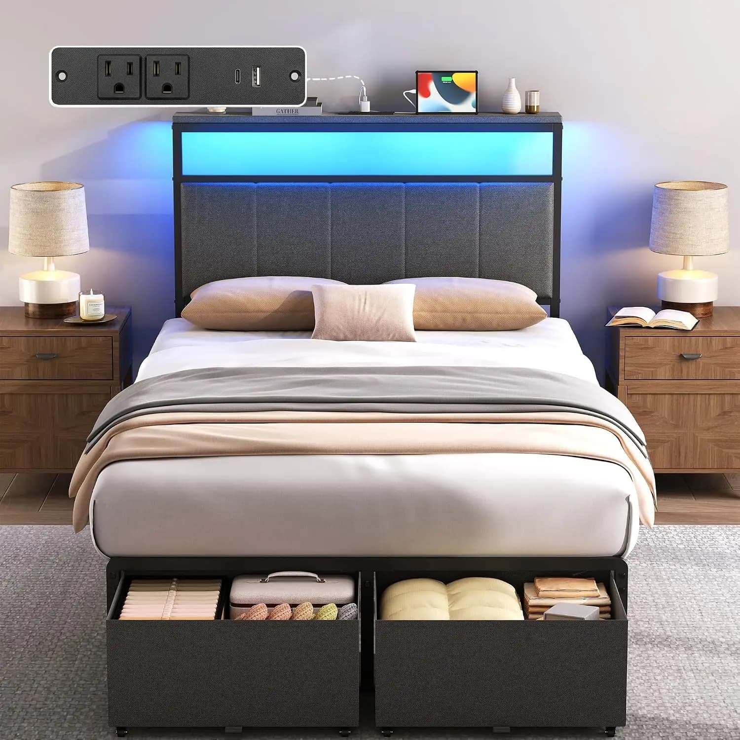 Twin Bed Frame with 2 Storage Drawers, Grey Upholstered | Headboard with Charging Station and LED Lights, Metal Platform Bed with Storage Shelf, Noise Free, No Box Spring Needed