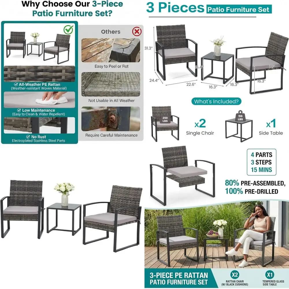 Bistrot Set in 3 Pieces: Rattan Furniture with Table and Chairs Padded for Garden, Balcony, Pool Edge, Courtyard