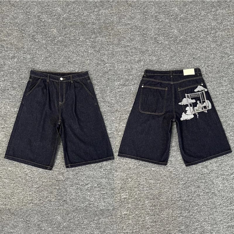 2026 Classic Street Casual Derschutze Denim Shorts Men Cloud Embroidered Jeans Shorts