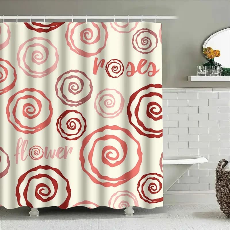 Tenda da doccia con stampa floreale di rose, arredamento moderno per il bagno con design floreale rosso per la decorazione domestica.