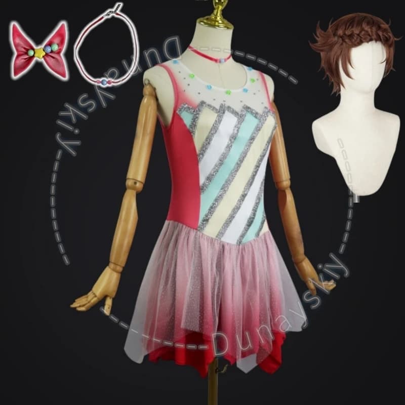 Costume Cosplay Anime Medagista Inori Yuitsuka, Parrucca, Vestito Aderente Medarisuto per Pattinaggio su Ghiaccio, Collana e Accessori per Donna, Carnevale