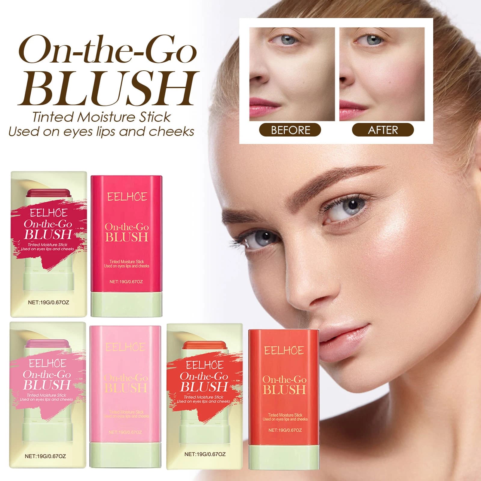Blush Stick Multiuso in Crema, Impermeabile, Lunga Durata, Alta Pigmentazione, Trucco Portatile per Occhi, Labbra e Guance