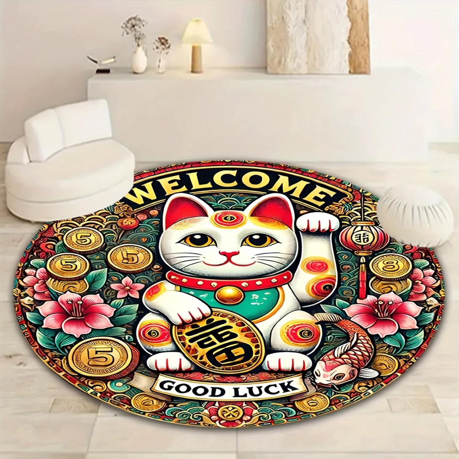Chinese Lucky Cat Round Rug Welcome Good Luck Fortune Design Soft Flannel Door Mat Entrance Hallway Floor Covering Asian Culture