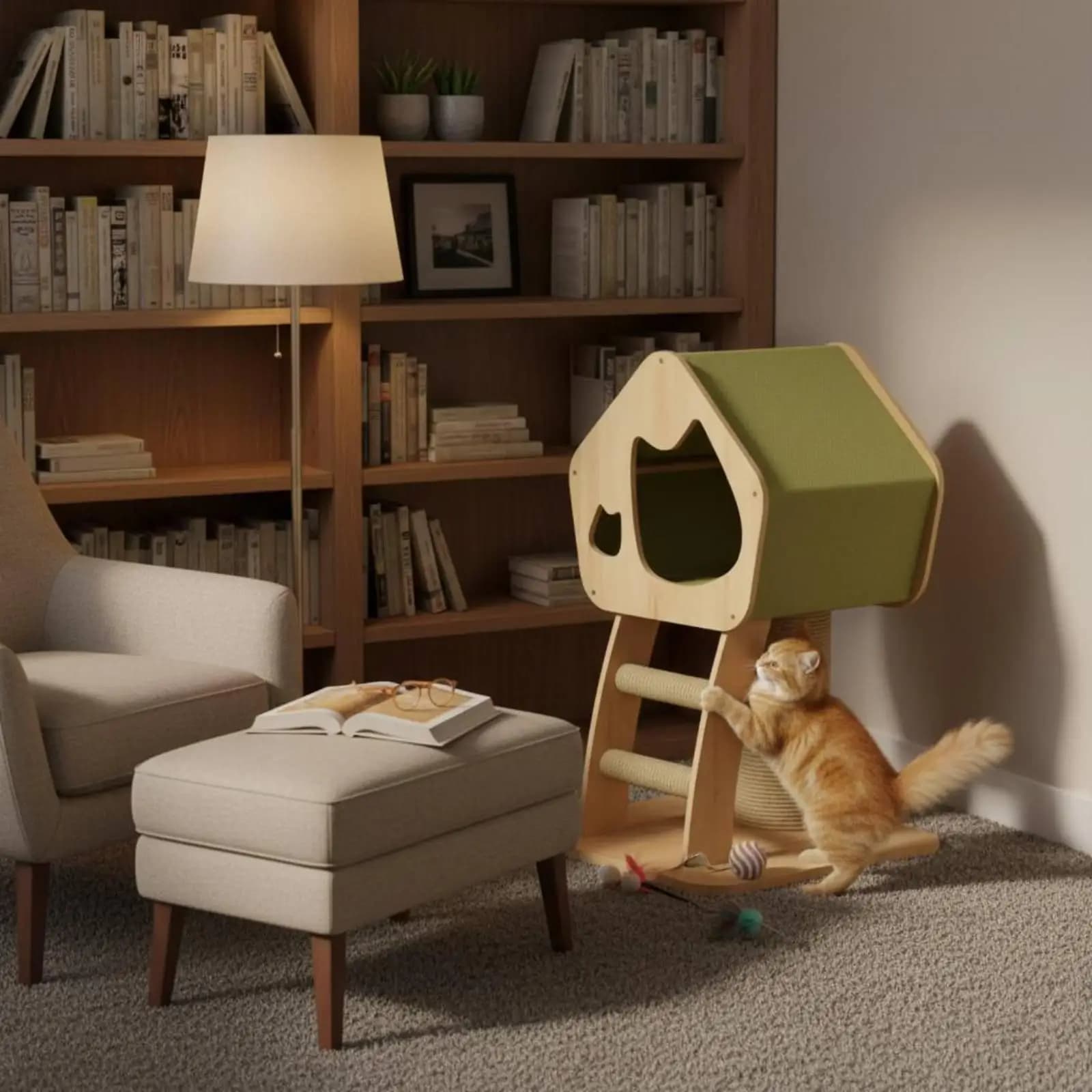 Cat Scratching Post with Bed Multi Purpose Vertical Cat Scratcher with Soft Cushion for Indoor Cats