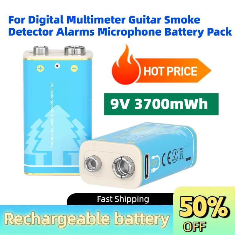 Upgrade 6F22 9V 3700mWh Li-ion Rechargeable Battery for Digital Multimeter Guitar Smoke Detector Alarms Microphone Battery Pack