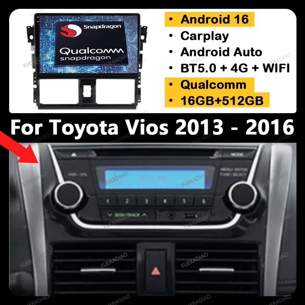 Android 16 Car Radio For Toyota Vios Yaris 2014 2015 2016 GPS NAVI Multimedia Video Player Carplay Auto 2K Screen Head Unit WIFI