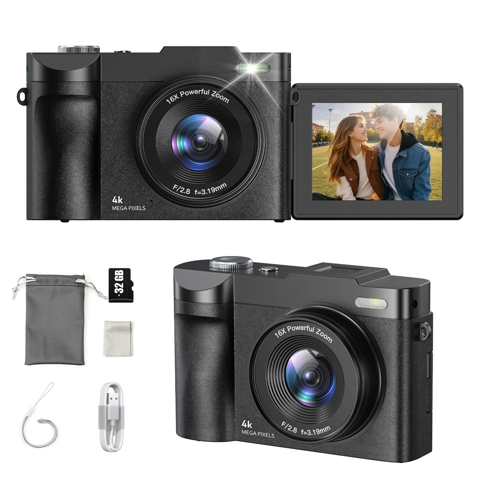 Digital Camera for Photography Camera with 2.8" 180° Flip Screen 16X Shoot Camara with 32GB Micro SD Card for Beginner Gifts