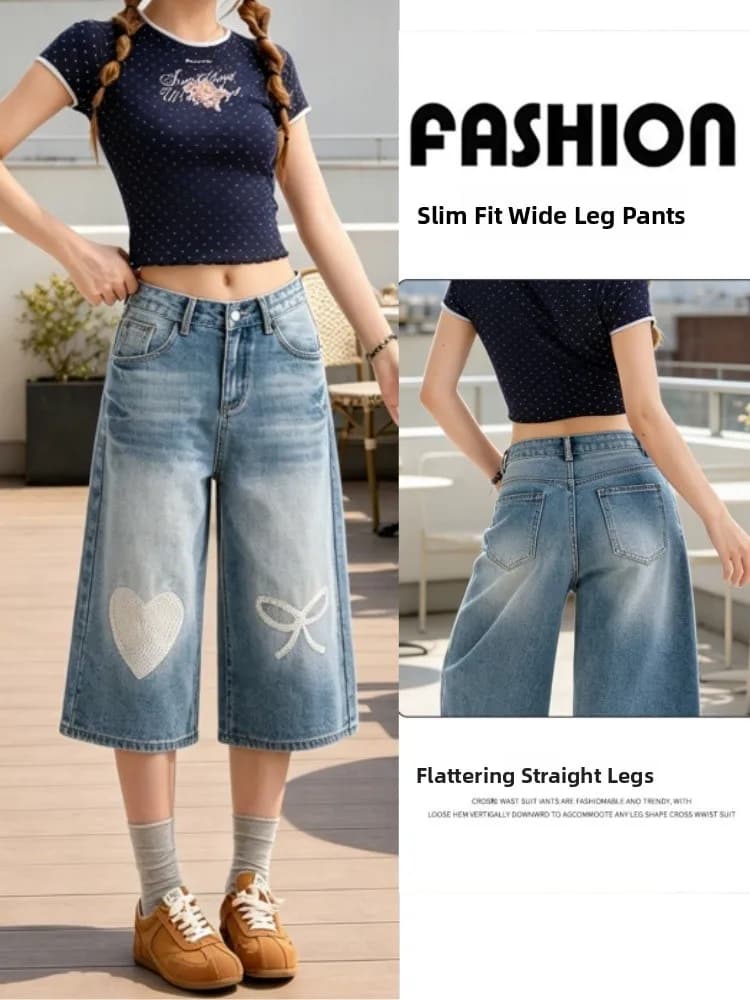 Retro American Seven-Foot Women's Jeans Summer Worn-Angle Heart Distressed Straight Leg Wide Leg Pants Loose Casual Mid-Length