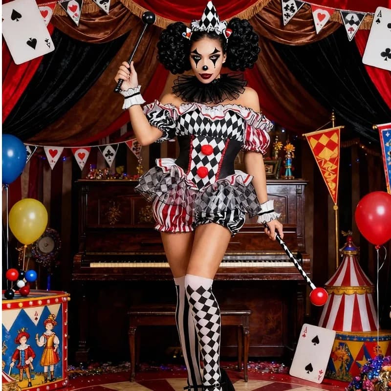 Costume da Clown per Donna, Travestimento da Circo, Tuta Corta con Spalle Scoperte, Set con Cappello e Calzini per Halloween e Feste in Maschera