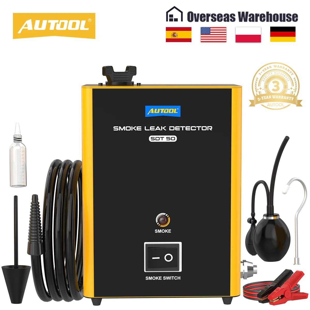 AUTOOL SDT50 Rilevatore di perdite per macchina del fumo per auto Pompa d'aria incorporata Diagnostica per perdite di tubi automobilistici 12V