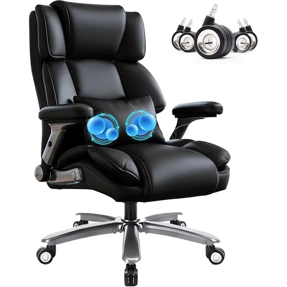 Ergonomic Heavy-Duty Desk Chair with 3D Massage, Big & Tall, 3D Armrests, Dual Wheels, Thick Cushion (Black, PU)