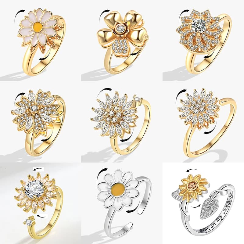 Anello Fidget Spinner alla moda Ansia per le donne Anelli multipli di cristallo di girasole Ruota gioielli antistress Regalo di nozze