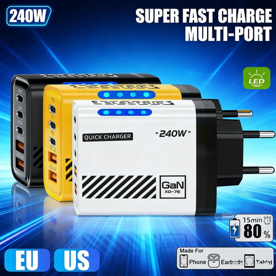 Caricatore 5-in-1 da 240W GaN con Ricarica Super Veloce e Luce LED, Adattatore Caricabatterie a 5 Porte per iPhone 17 Xiaomi, Spina EU/US/UK