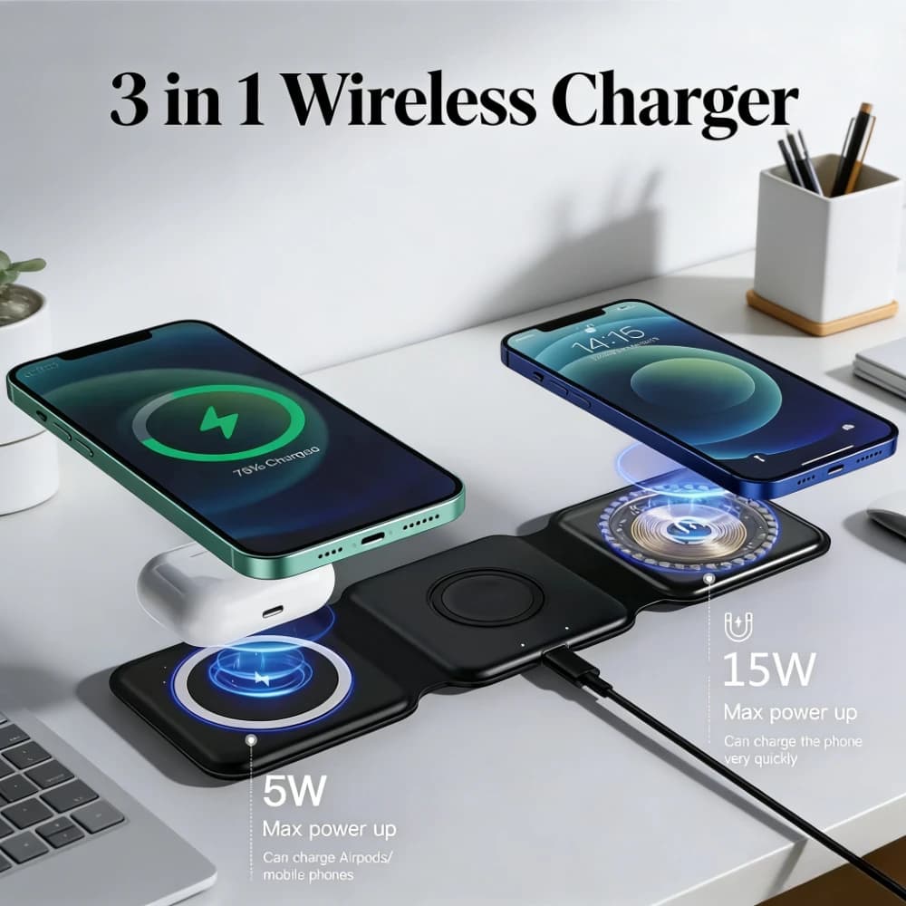Caricatore Wireless Pieghevole 3 in 1 da 15W con Supporto per iPhone 17 16 15 14 Pro Max, Airpods e iWatch - Stazione di Ricarica Wireless Veloce