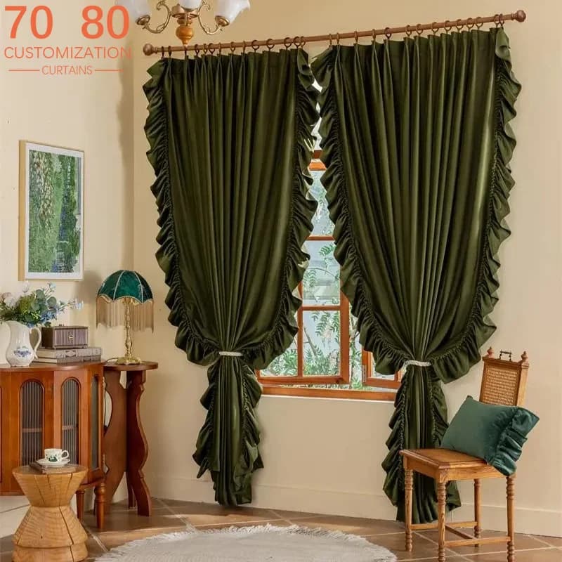 Vintage Olive Green Velvet Fungus Lace Splicing Curtains for Living Room Bedroom French Window Customized Finished Balcony