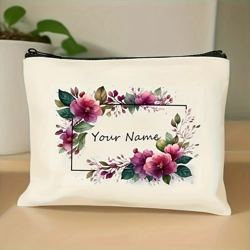 1Pc Personalized Custom Name/Text Floral Makeup Bag Double Sided Printed Cosmetic Pouch Travel Toiletry Organizer Storage Bags
