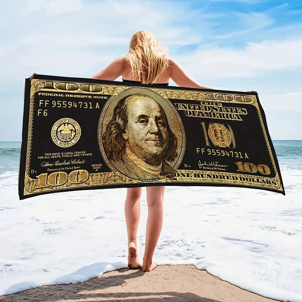 1PC Asciugamano da spiaggia con stampa di banconote, in poliestere ad asciugatura rapida, morbido e leggero, ideale per surf, nuoto e campeggio