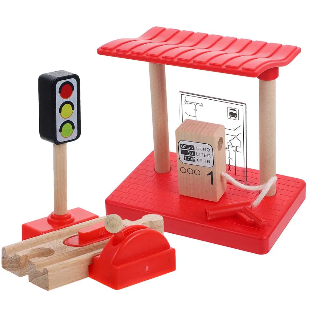 1Set Wooden Train Track Accessories Simulation Gas Station Lift Road Block DIY Assembly Kids Educational Play Sand Table
