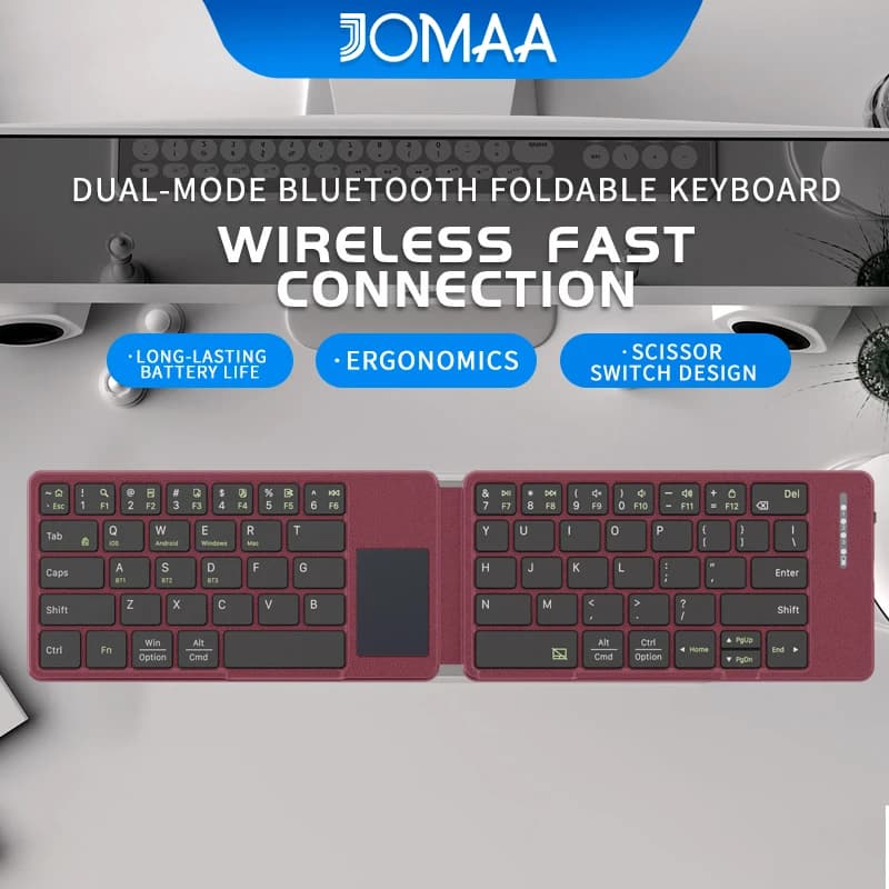 JOMAA Tastiera touchpad wireless Bluetooth pieghevole per finestra/Mac/Android, tastiera da viaggio portatile ricaricabile a 65 tasti-Rosso