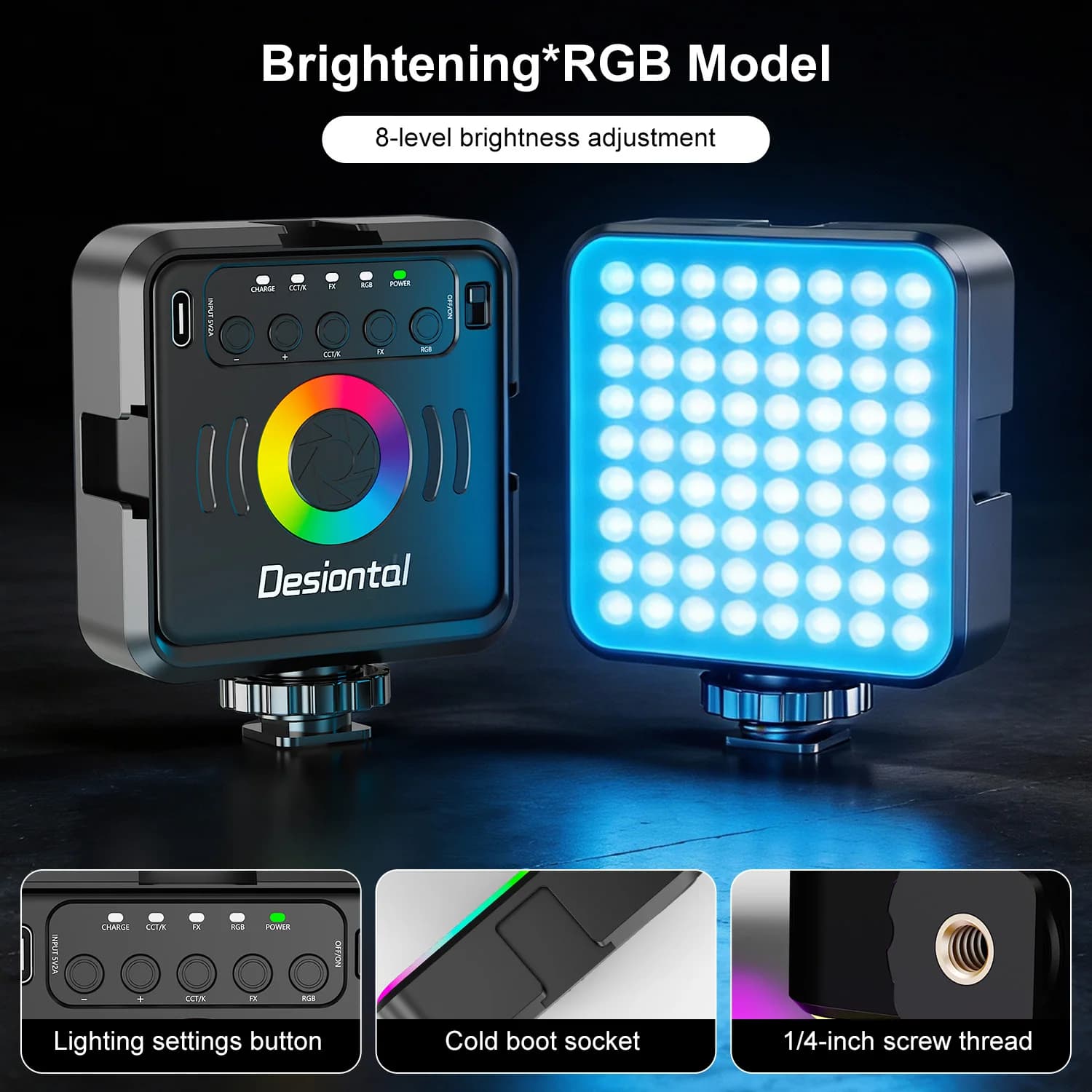 Desiontal X2 Luce RGB Portatile per Fotografia, Ricaricabile USB-C, Luce Morbida Regolabile per Trasmissioni in Diretta e Fotografia Professionale