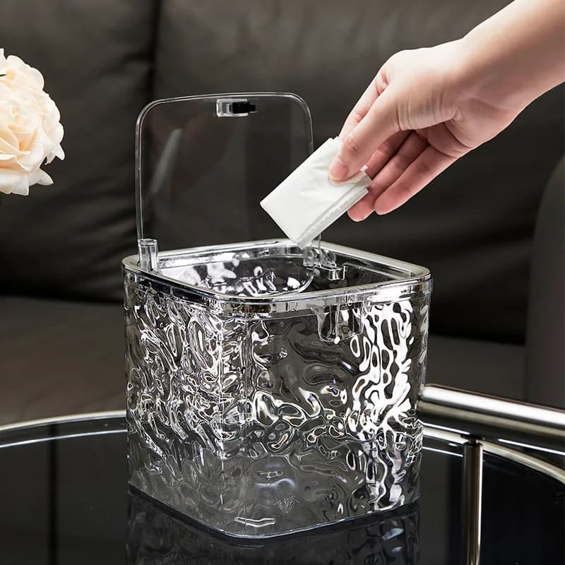 Mini Cestino da Tavolo con Coperchio a Pressione, Design Ghiacciaio, Contenitore Portatile per Rifiuti e Carta