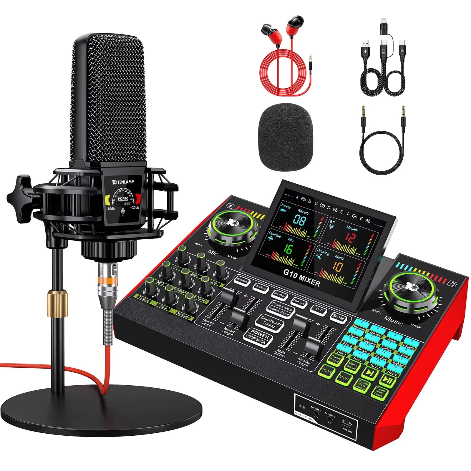 Tenlamp G10 Podcast Equipment Bundle 6 Channel with 3.5mm Microphone and Live Sound Card,RGB Streaming with XLR Gaming Audio Interface Professional Mixer for Podcasting, Influencers, Kols, Singing, Gaming, And Djing for PC Smartphone Laptop Computer