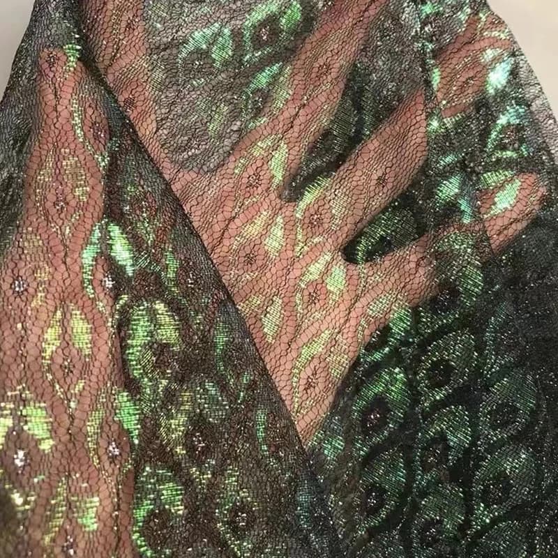 Designer Fluorescent Fabrics Colorful Shiny Mesh Bronzing Fabric Peacock Feather Laser Lace Clothing Dress Sewing Material