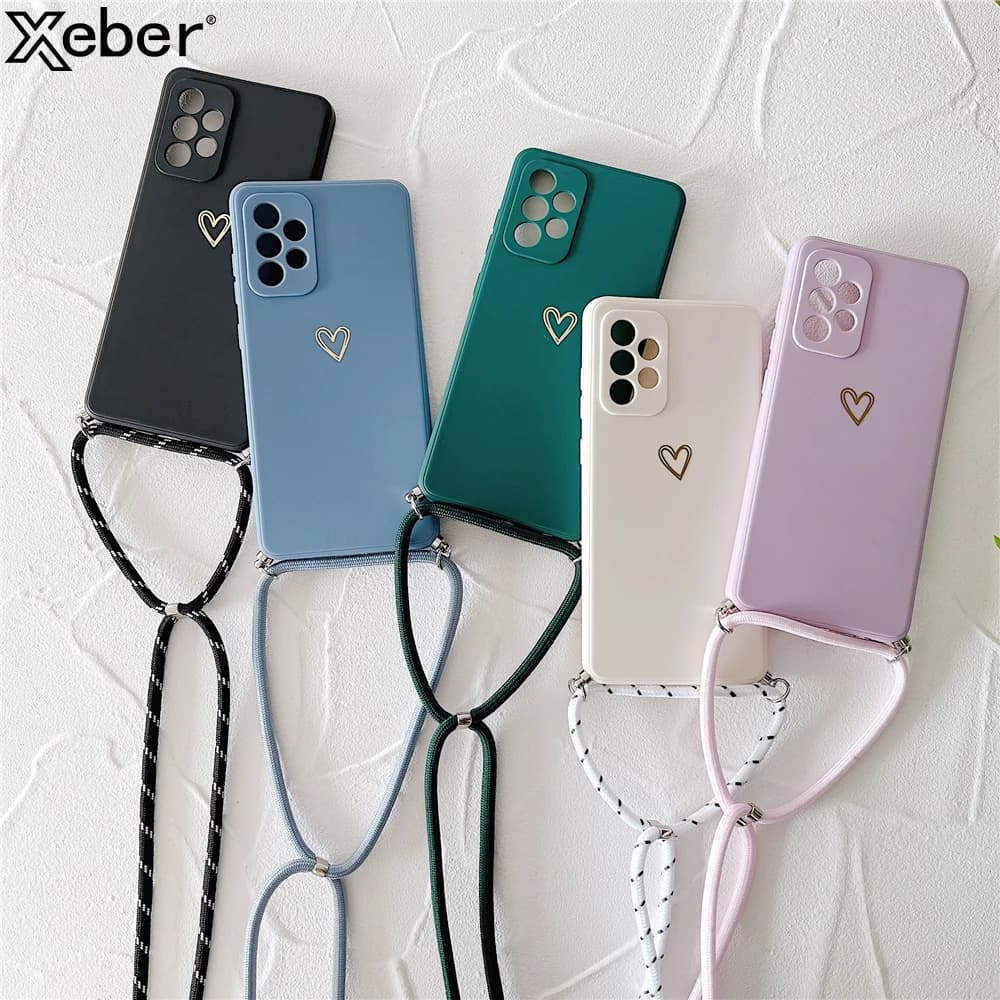 Custodia morbida per telefono con cordino a tracolla con cuore d'amore per Samsung Galaxy S24 S23 Ultra S22 Plus S21 Custodia in silicone con cinturino per collana con cavo